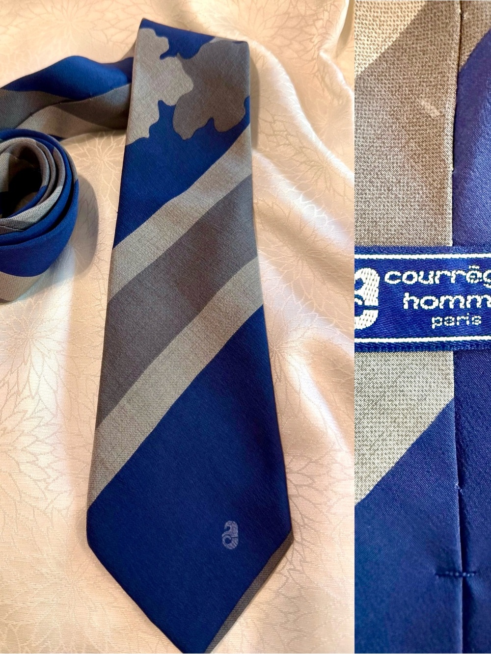 Vintage Courrèges Homme Paris 100% Silk Tie Blue Gray Designer Necktie